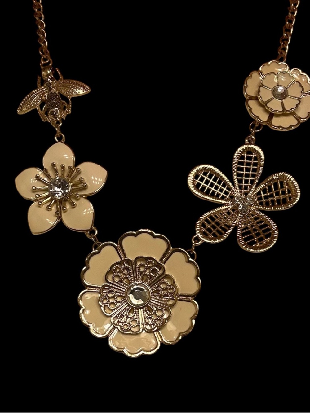 Elegant Gold-Tone Cream Floral Statement Necklace with Dragonfly - 11inch